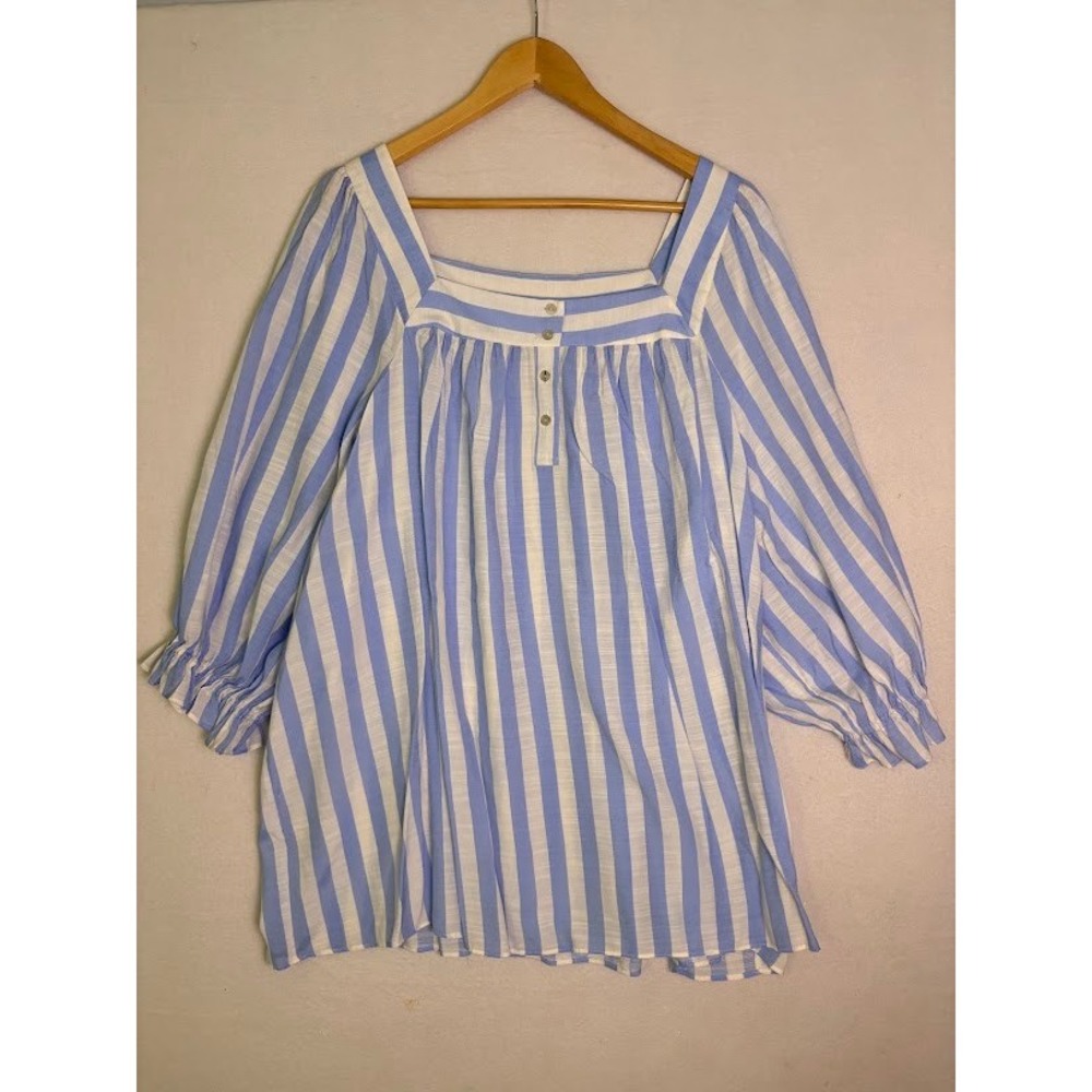 Lauren Conrad Striped Blouse Womens 3X Blue White Square Neck Ruffle Sleeve Boho